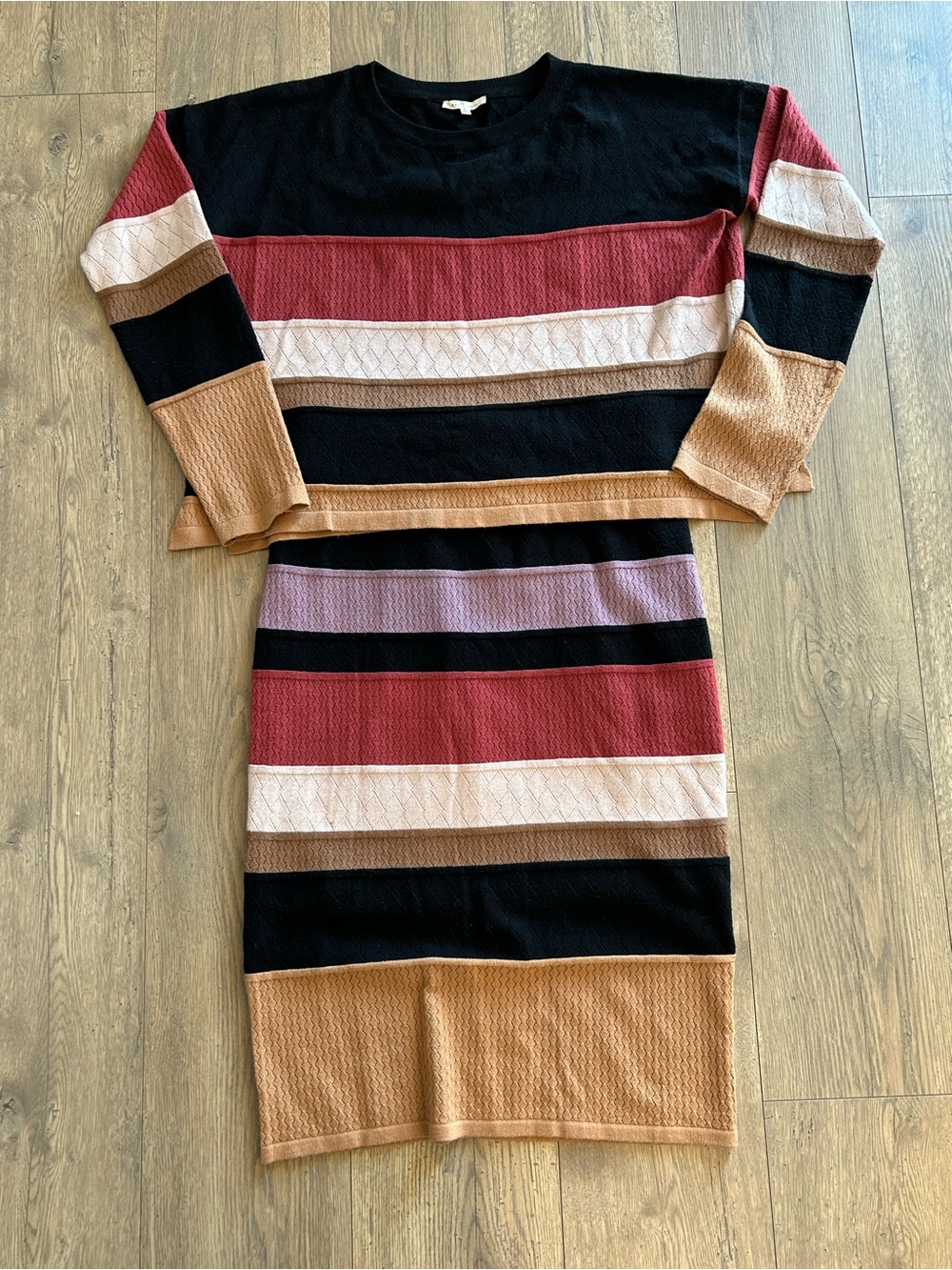 Tea n Rose Striped Knit Two-Piece Dress Set in Black, Red, Tan